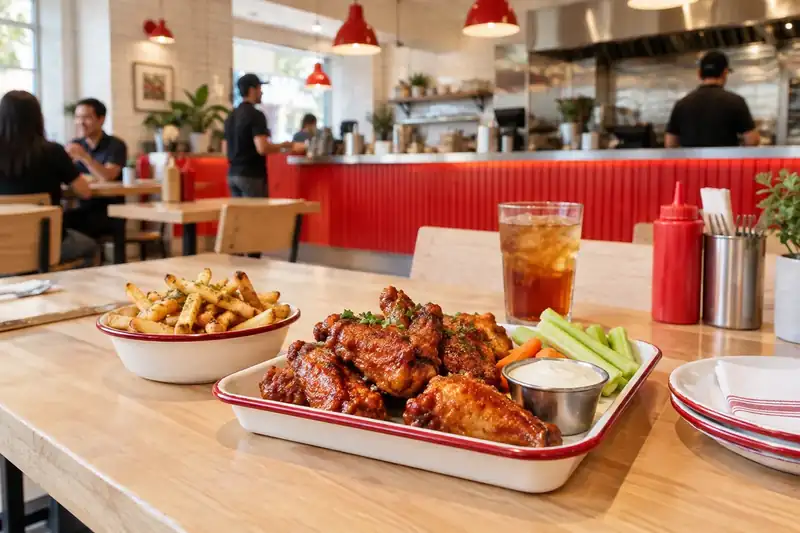 Bright chicken restaurant with maple tables and chili red accents