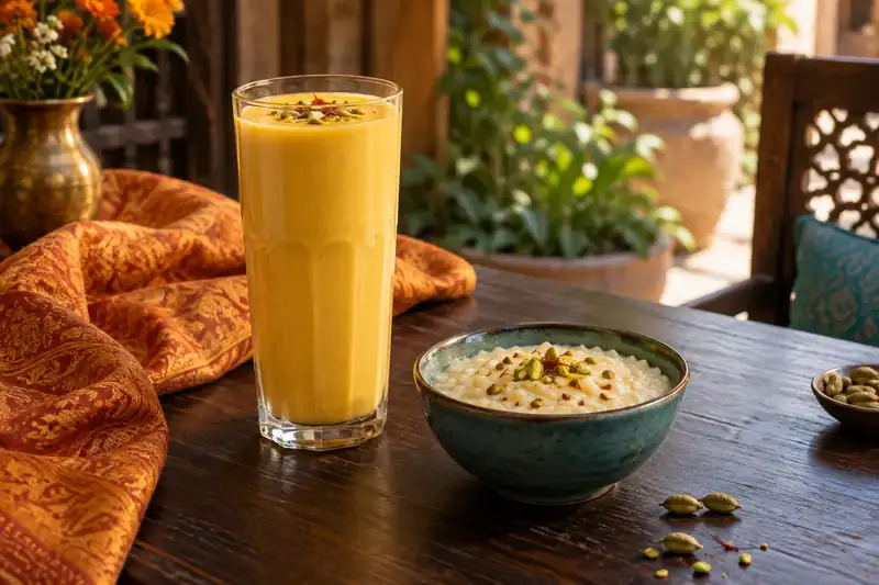 Mango lassi beside cardamom rice pudding on a wooden table
