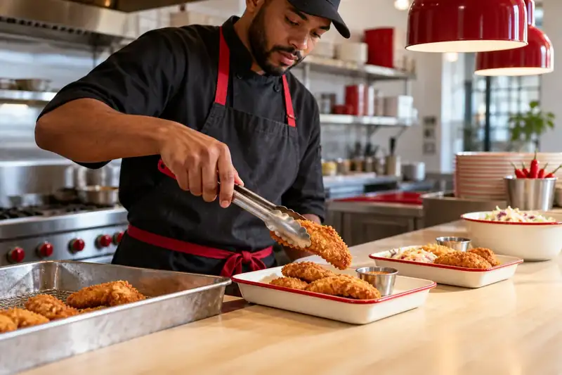 Cook plating golden chicken tenders in a clean kitchen