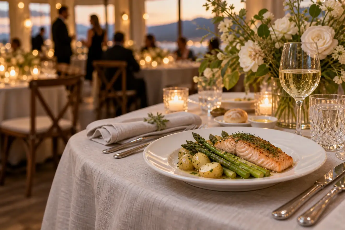 Individual salmon dinner on a candlelit catered event table
