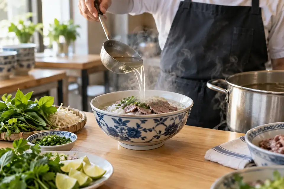 Cook ladling broth over rice noodles and beef in a ceramic bowl